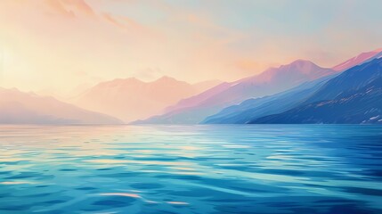 tranquil marine landscape with calm ocean waters and distant mountains under warm sunlight digital painting