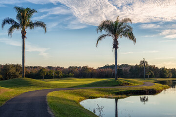 Tall mature palm trees next to a winding river or creek with a paved golf path along the river. The golf course has vibrant green grass and lush trees. The trees are reflected in the smooth water. 