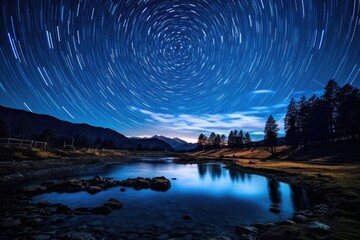 Mesmerizing night sky with swirling star trails over a serene mountain lake