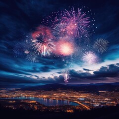 Spectacular fireworks display over a city at night