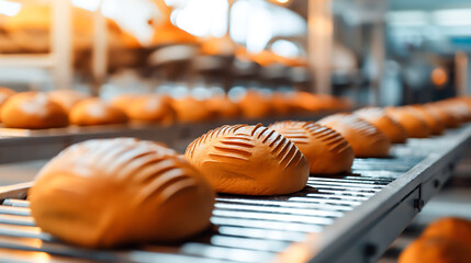 Loafs of bread in a bakery on an automated conveyor belt at industrial factory. Automatic bakery production line with loafs of bread
