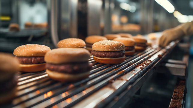 Beef hamburger in the production line, Ready-made beef hamburger cutlets in meat factory, Automated fast food hamburger factory.
