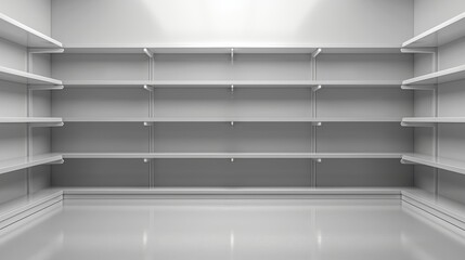Blank white shop product shelves with 3D supermarket displays. Bookcase store racks with market products realistic modern isolated.