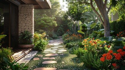 a garden with a path made of stepping stones and flowers in the foreground and a house in the background