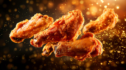 Fried chicken flying in mid air, Fresh fried chicken wings, Crispy coated batter, Tasty deep fried chicken wings
