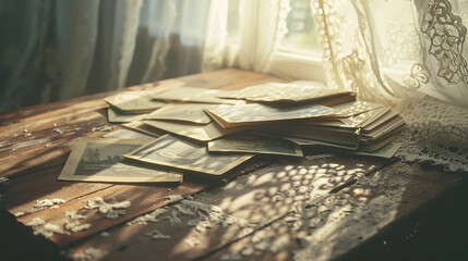 A collection of vintage postcards displayed on a weathered wooden board, with soft natural light filtering through lace curtains. Promotion background. - obrazy, fototapety, plakaty