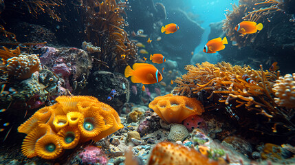 The vibrant world of the underwater world. Colorful coral and colored fish on the ocean floor.