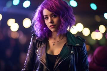 Fototapeta premium Vibrant portrait of a young woman with purple hair