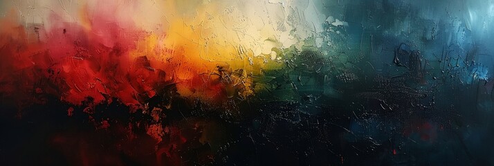 a colorful abstract painting on a wall with a black background