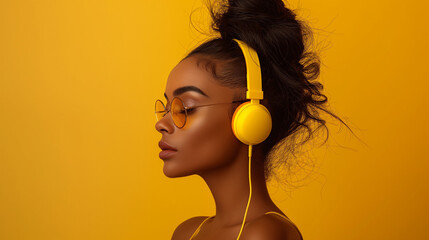 Beautiful female in her twenties with yellow headphones on, side view. Yellow background.