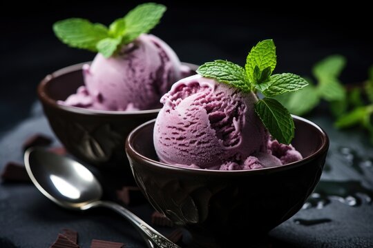 Delicious homemade purple ice cream with mint garnish