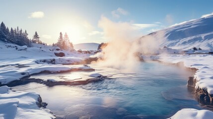 Serene winter landscape with steaming hot springs