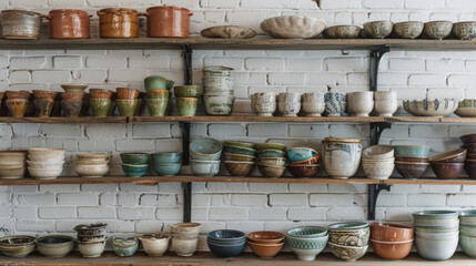 A collection of colorful artisanal pottery displayed on open shelves against a whitewashed brick wall, with soft natural light highlighting the textures. Promotion background.