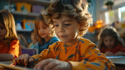 Fototapeta premium Happy young kids in a classroom, using tablet to learning how to paint, with colorful shirts, side view, morning sun