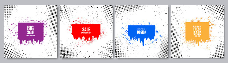Vector illustration. Colorful geometric banner set. Rectangles with dripping paint. Halftone dots and paint splashes. Design for social networks, web banners, and media templates. Sale and ad concept.