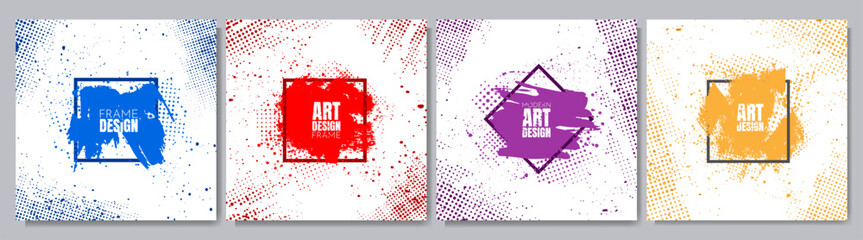 Vector illustration. Colorful geometric background set. Paint brush strokes. Halftone dots and messy paint splashes. Design elements for sale banners, advertising, web templates.