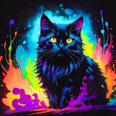 Black cat illustration with colour splashes 