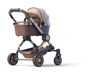 Brown leather baby stroller on transparent background. 3D render front right view