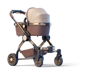 Brown leather baby stroller on transparent background. 3D render back right view