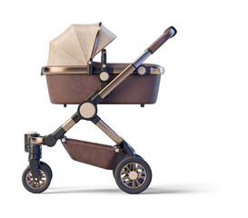 Brown leather baby stroller on transparent background. 3D render left view