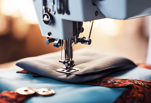 'Process Sewing machine fabric dressmaker stitch needle thread clothing sew tailoring equipment craft work tailor textile clothes manufacturing material hobby factory detail tool foot close up'