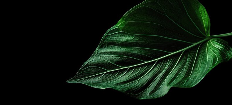 Vibrant green leaf against dark background