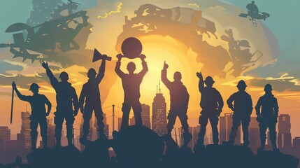Fototapeta premium a group of people in front of a city skyline at sunset