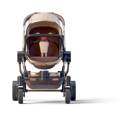 Brown leather jogging baby stroller on transparent background. 3D render front view