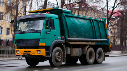 a green dump truck driving down a street