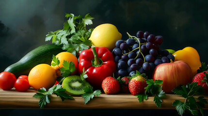 Fresh fruits and vegetables, Cucumber,  Bell pepper, Tomato, Lemon, Grape, Orange, Kiwi, Strawberry, Apple