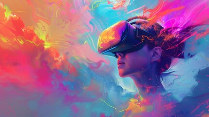 vr gamers surreal dreamscape with ethereal woman vibrant colors and abstract shapes digital painting