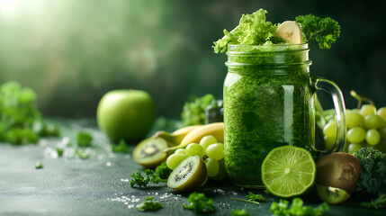 Health smoothie kale leaves, lime, apple, kiwi, grapes, banana, avocado, lettuce in glass jar mugs. Vegan, Vegetarian, Green health smoothie. Healthy food
