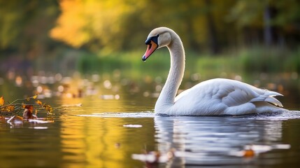 Graceful swan swimming in autumn lake