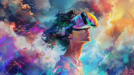 vr gamers surreal dreamscape with ethereal woman vibrant colors and abstract shapes digital painting