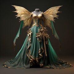 Enchanting golden fairy costume with flowing green dress and ornate wings