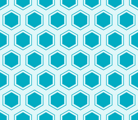 Hexagonal pattern background. Cyan color on matching background. Hexagon mosaic cells with padding and inner solid cells. Large hexagon shapes. Seamless pattern. Tileable vector illustration.