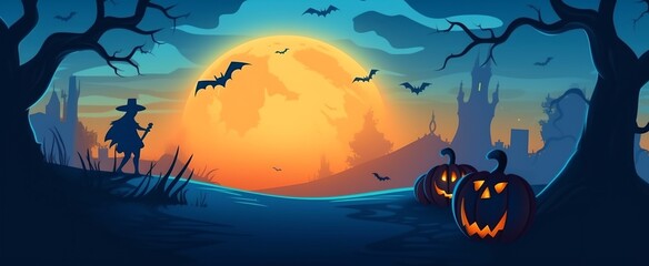 a Halloween scene with pumpkins and bats in the foreground and a full moon in the background with a castle in the distance
