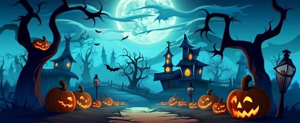 a Halloween scene with pumpkins and a full moon in the sky with a creepy castle in the background
