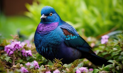 Fototapeta premium Vibrant blue bird in lush garden