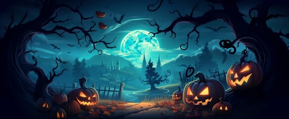 a Halloween scene with pumpkins and a full moon in the background with a cemetery