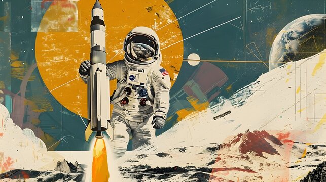 Nostalgic Collage of Vintage Space Milestones in Pop Art Style