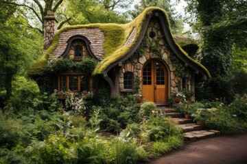 Obraz premium Enchanting moss-covered cottage in lush forest