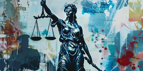 a painting of a lady justice statue holding a scale of justice in front of a cityscape background