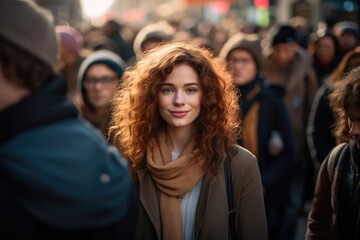 Obraz premium Smiling woman with curly red hair in a crowd