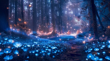 Obraz premium a forest with blue flowers and lights in the woods at night time
