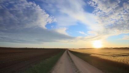 Fototapeta premium beautiful sunset sky with airy clouds and a field road. 