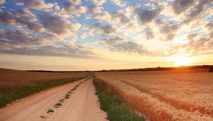Naklejka premium beautiful sunset sky with airy clouds and a field road. 