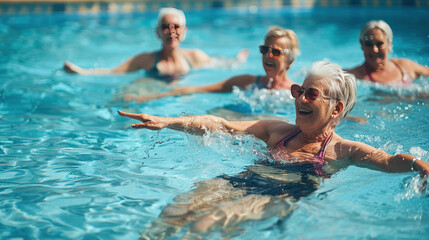 A 60-year-old woman does sports in an outdoor pool, an elderly woman does water aerobics, dancing or fitness in an outdoor pool