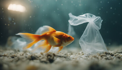 A goldfish navigating through discarded plastic bags in a polluted underwater environment.