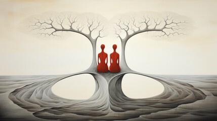 Surreal landscape with two red figures sitting between trees